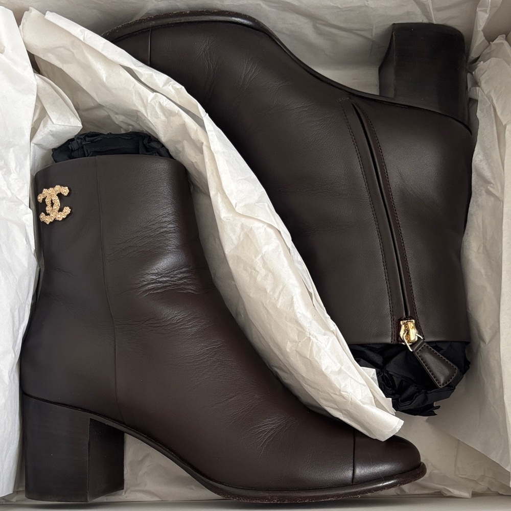 CHANEL Dark Brown Leather Ankle Booties with Gold CC Emblem